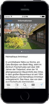 Screenshot der Fischerhude-App für iPhone, iPad + Android (www.fischerhude-app.de) - GPS-gesteuert Fischerhude neu entdecken ...